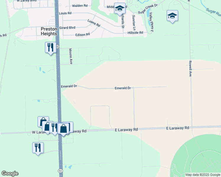 map of restaurants, bars, coffee shops, grocery stores, and more near Emerald Drive in Joliet
