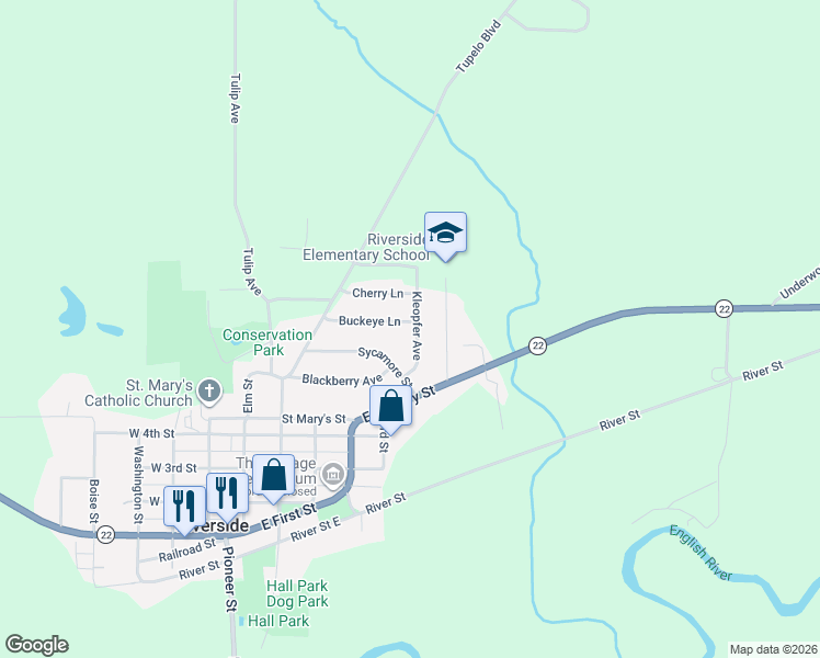 map of restaurants, bars, coffee shops, grocery stores, and more near 113 Kleopfer Avenue in Riverside