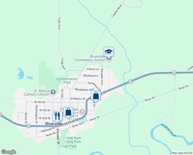 map of restaurants, bars, coffee shops, grocery stores, and more near 113 Kleopfer Avenue in Riverside