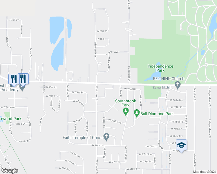 map of restaurants, bars, coffee shops, grocery stores, and more near 3752 West 73rd Place in Merrillville