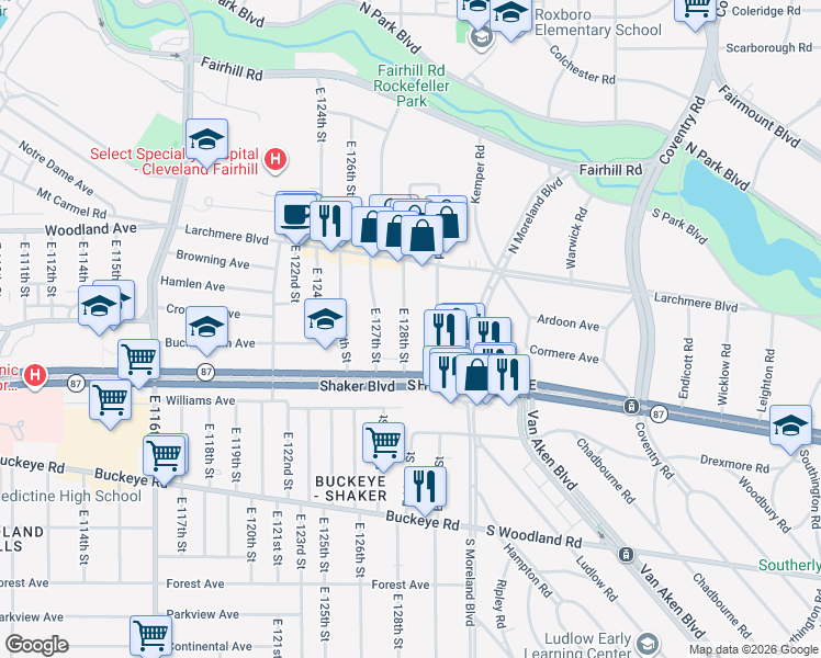map of restaurants, bars, coffee shops, grocery stores, and more near 2671 East 128th Street in Cleveland