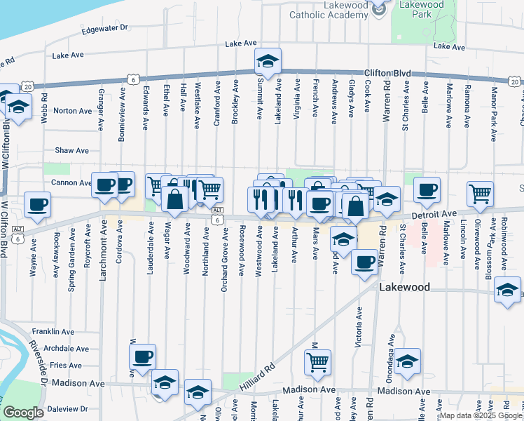 map of restaurants, bars, coffee shops, grocery stores, and more near 15622 Detroit Avenue in Lakewood