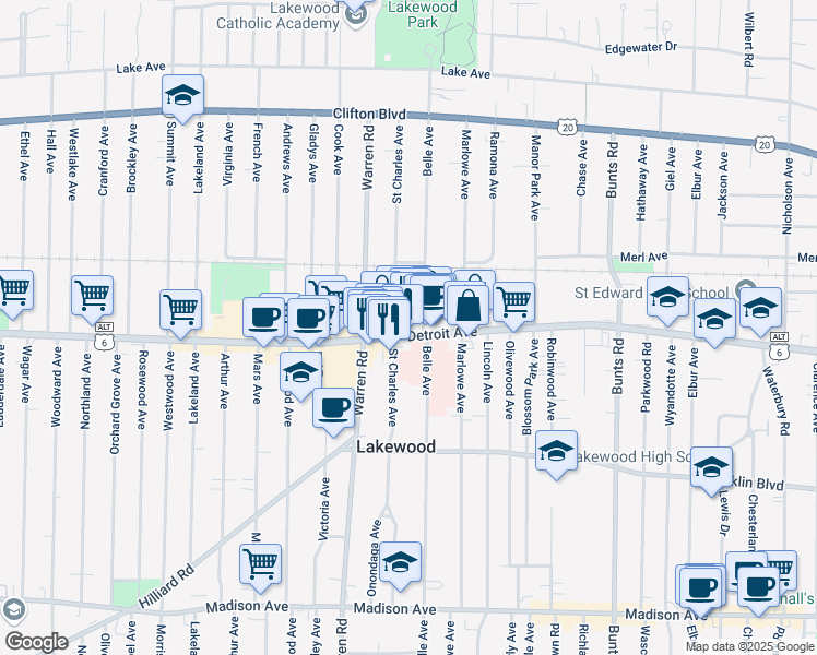 map of restaurants, bars, coffee shops, grocery stores, and more near 14600 Detroit Avenue in Lakewood