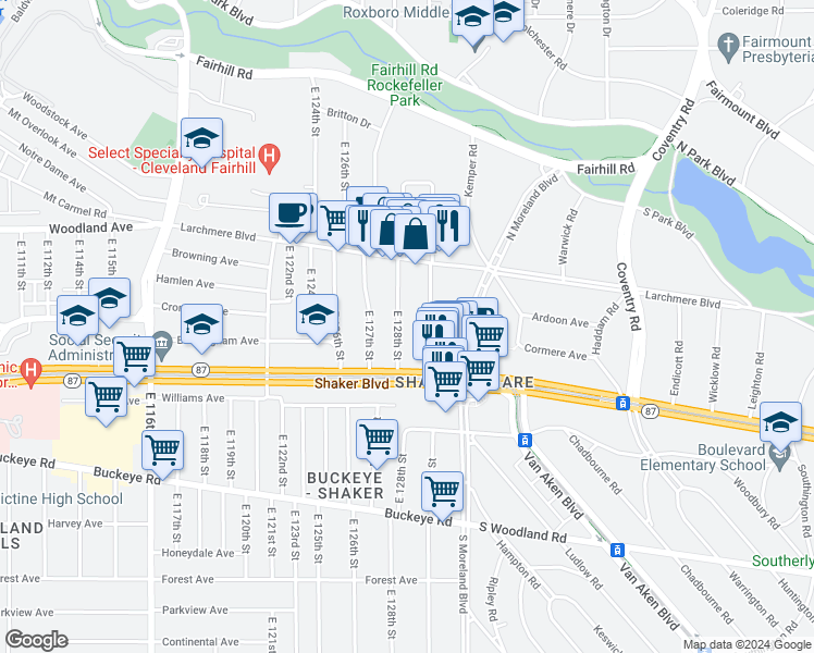 map of restaurants, bars, coffee shops, grocery stores, and more near 2671 East 128th Street in Cleveland