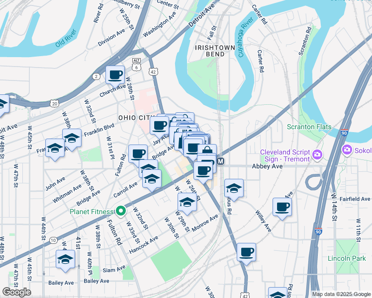 map of restaurants, bars, coffee shops, grocery stores, and more near 1979 West 25th Street in Cleveland