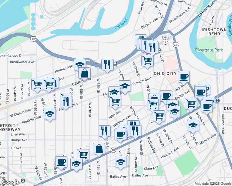 map of restaurants, bars, coffee shops, grocery stores, and more near 4107 Franklin Boulevard in Cleveland