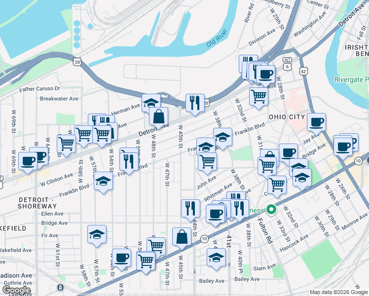 map of restaurants, bars, coffee shops, grocery stores, and more near 4410 Franklin Boulevard in Cleveland