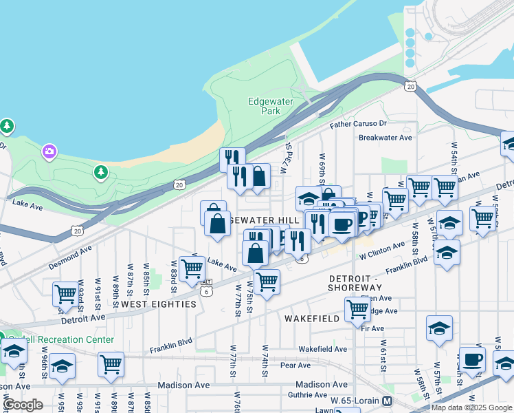 map of restaurants, bars, coffee shops, grocery stores, and more near 7428 Goodwalt Avenue in Cleveland