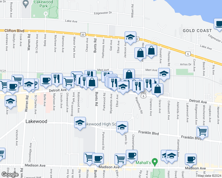 map of restaurants, bars, coffee shops, grocery stores, and more near in Lakewood