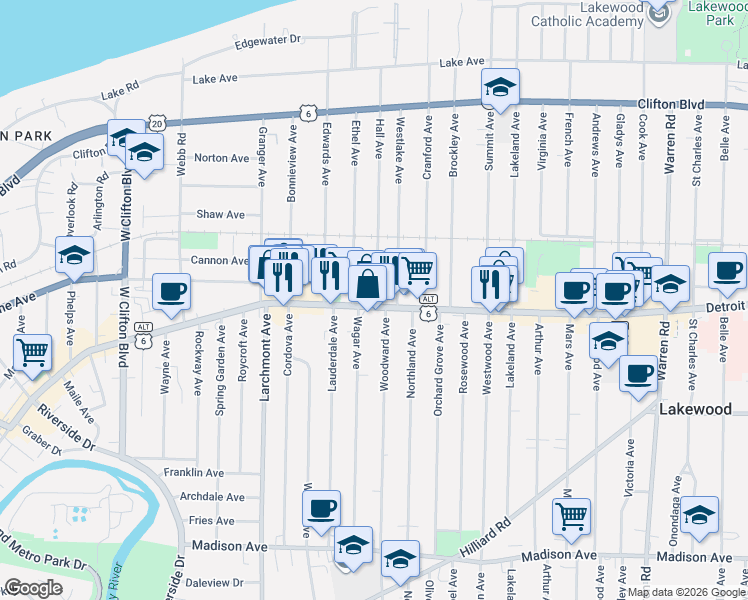 map of restaurants, bars, coffee shops, grocery stores, and more near 16306 Detroit Avenue in Lakewood