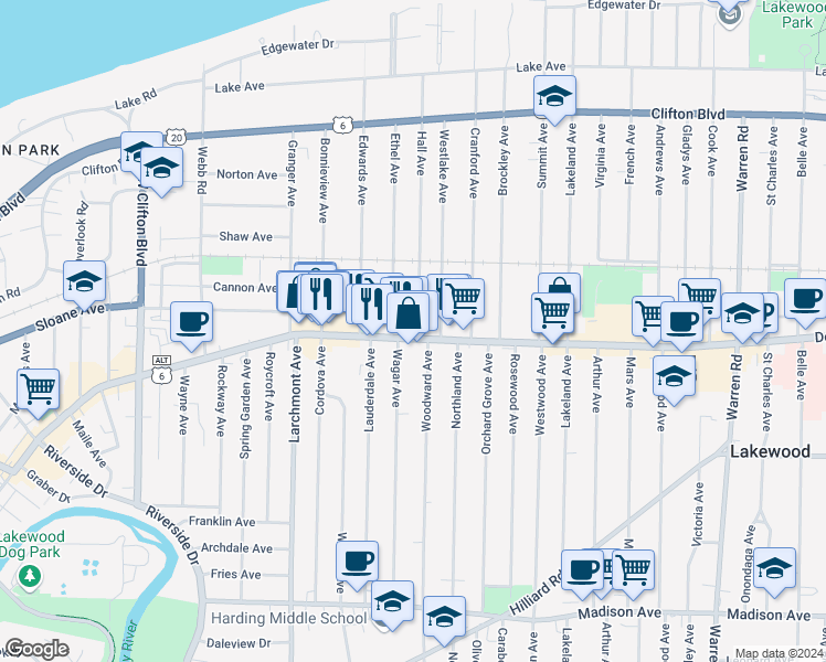 map of restaurants, bars, coffee shops, grocery stores, and more near 16306 Detroit Avenue in Lakewood