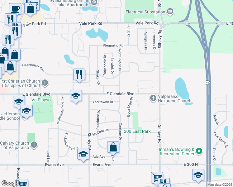 map of restaurants, bars, coffee shops, grocery stores, and more near 2230 East Glendale Boulevard in Valparaiso