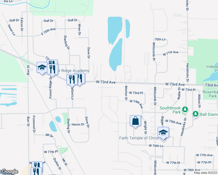 map of restaurants, bars, coffee shops, grocery stores, and more near 4560 West 73rd Court in Merrillville