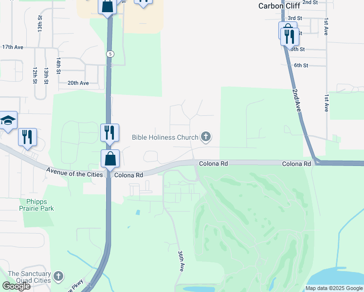 map of restaurants, bars, coffee shops, grocery stores, and more near 2129 Colona Road in East Moline