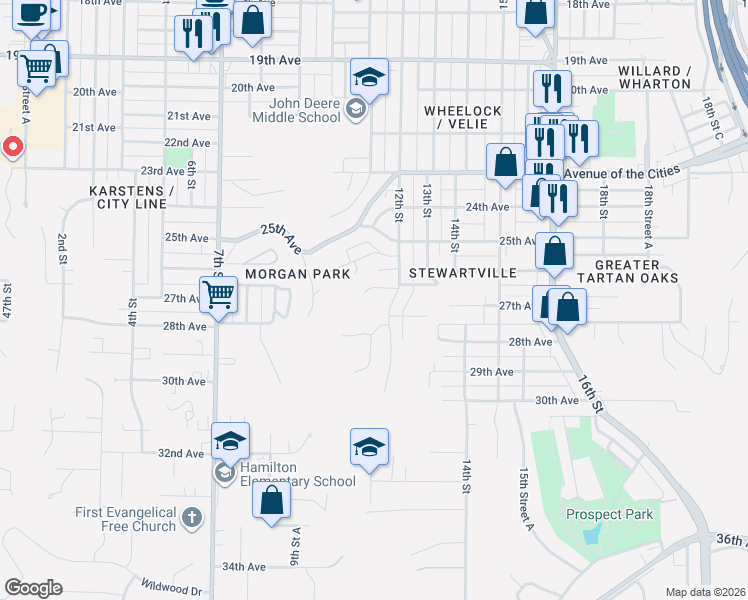 map of restaurants, bars, coffee shops, grocery stores, and more near 2627 12th Street in Moline