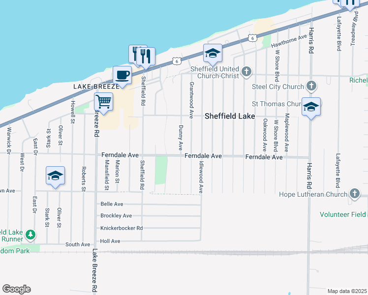 map of restaurants, bars, coffee shops, grocery stores, and more near 773 Dunny Ave in Sheffield Lake