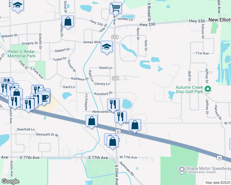 map of restaurants, bars, coffee shops, grocery stores, and more near 7039 Cline Avenue in Schererville