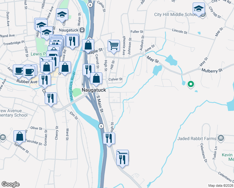 map of restaurants, bars, coffee shops, grocery stores, and more near 25 Hickory Road in Naugatuck