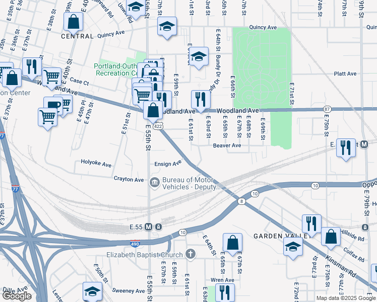 map of restaurants, bars, coffee shops, grocery stores, and more near 2686 East 61st Street in Cleveland