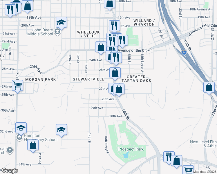 map of restaurants, bars, coffee shops, grocery stores, and more near 1536 Maple Lane in Moline