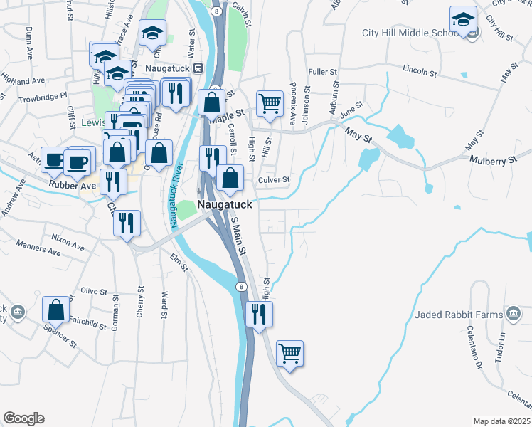 map of restaurants, bars, coffee shops, grocery stores, and more near 167 High Street in Naugatuck
