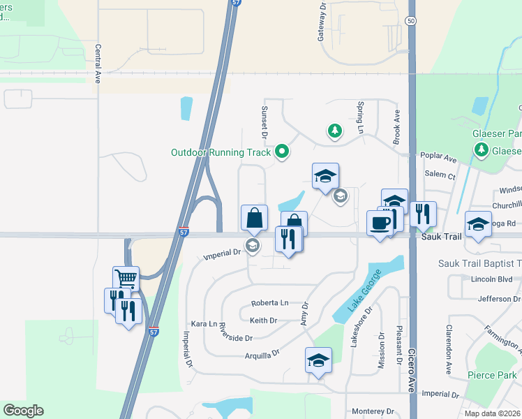 map of restaurants, bars, coffee shops, grocery stores, and more near 22223 Hillside Drive in Richton Park