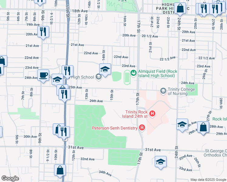 map of restaurants, bars, coffee shops, grocery stores, and more near 2505 15th Street in Rock Island
