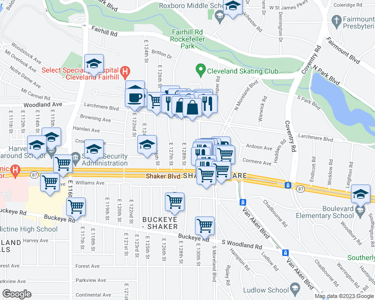 map of restaurants, bars, coffee shops, grocery stores, and more near 2671 East 128th Street in Cleveland