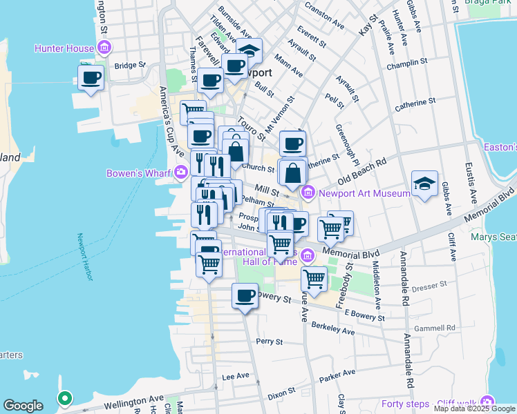 map of restaurants, bars, coffee shops, grocery stores, and more near 93 Pelham St in Newport