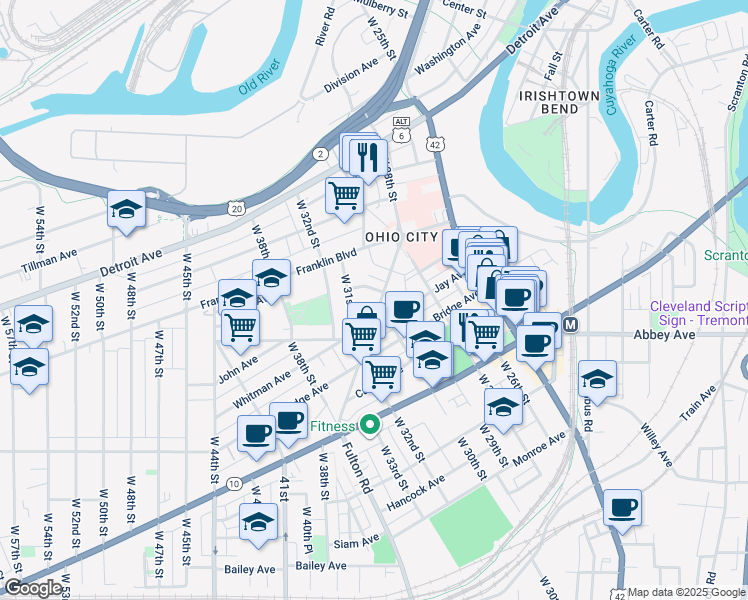 map of restaurants, bars, coffee shops, grocery stores, and more near 1760 Fulton Road in Cleveland