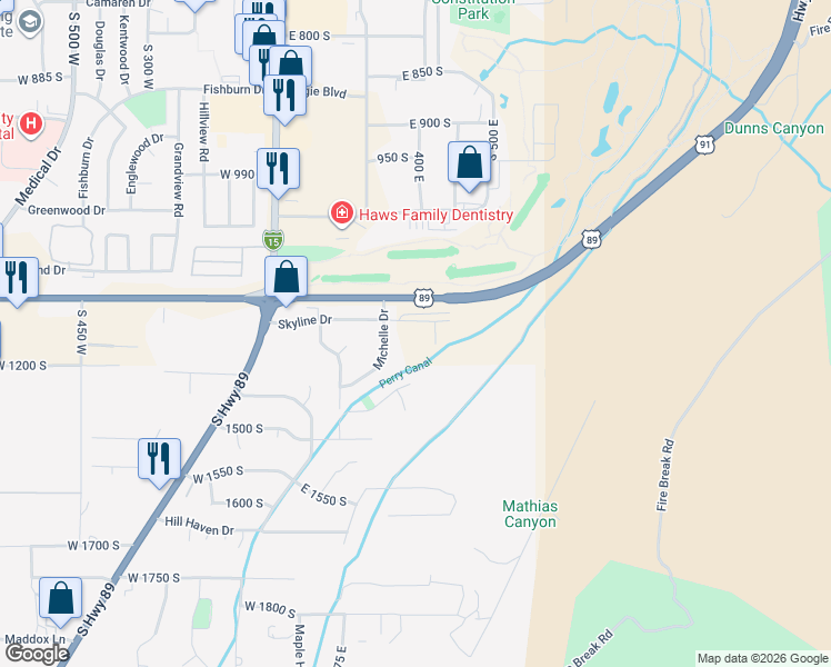 map of restaurants, bars, coffee shops, grocery stores, and more near 368 Skyline Drive in Brigham City