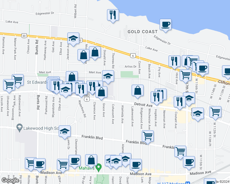 map of restaurants, bars, coffee shops, grocery stores, and more near 1366 Thoreau Road in Lakewood