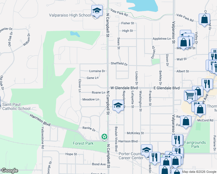 map of restaurants, bars, coffee shops, grocery stores, and more near 1901 Campbell Street in Valparaiso