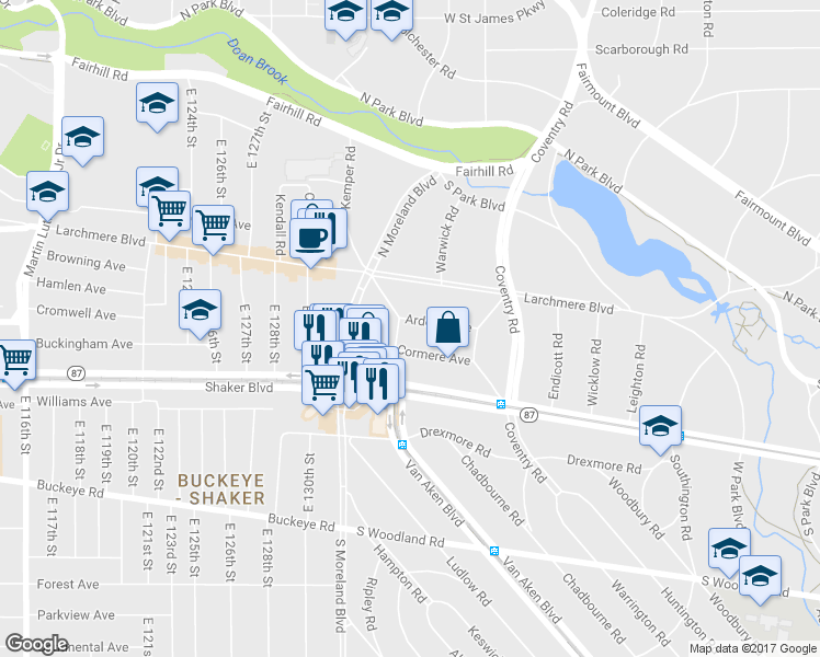 map of restaurants, bars, coffee shops, grocery stores, and more near 13500 Ardoon Avenue in Cleveland