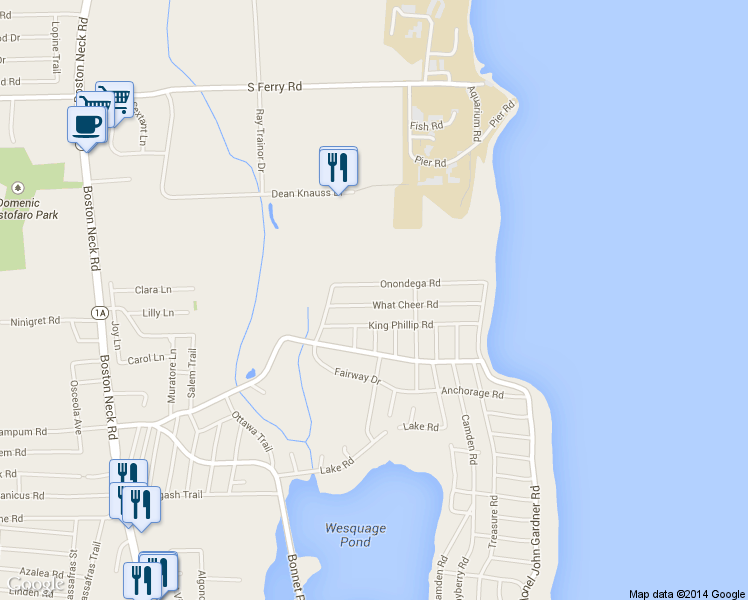 map of restaurants, bars, coffee shops, grocery stores, and more near 24 What Cheer Rd in Narragansett