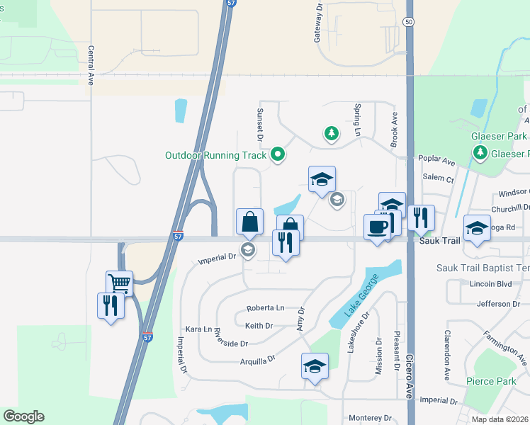 map of restaurants, bars, coffee shops, grocery stores, and more near 22223 Hillside Drive in Richton Park
