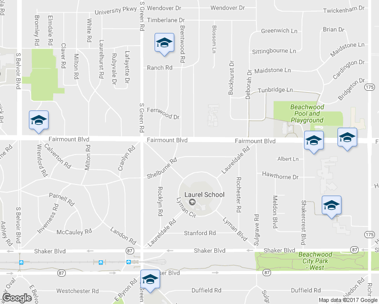 map of restaurants, bars, coffee shops, grocery stores, and more near 23575 Shelburne Road in Shaker Heights