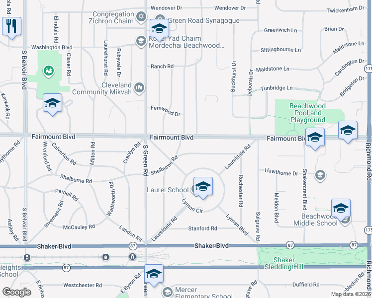 map of restaurants, bars, coffee shops, grocery stores, and more near 23575 Shelburne Road in Shaker Heights