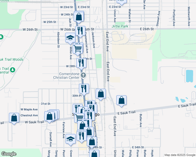 map of restaurants, bars, coffee shops, grocery stores, and more near 2903 Jackson Avenue in Chicago Heights