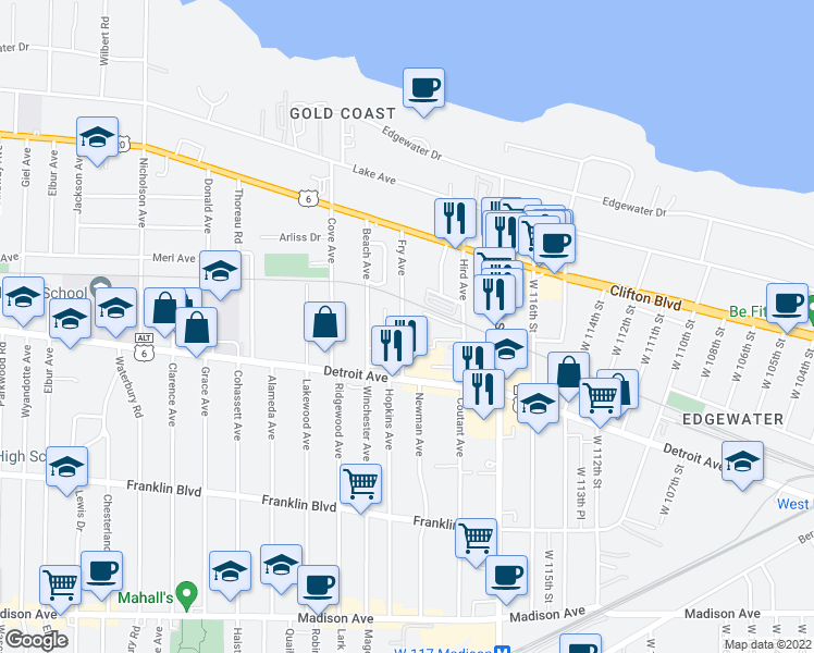 map of restaurants, bars, coffee shops, grocery stores, and more near 1347 Fry Avenue in Lakewood