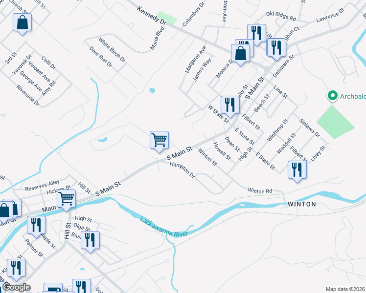 map of restaurants, bars, coffee shops, grocery stores, and more near Valella Ct in Archbald
