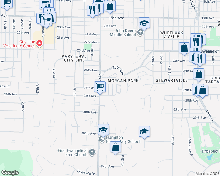 map of restaurants, bars, coffee shops, grocery stores, and more near 2614 8th Street in Moline