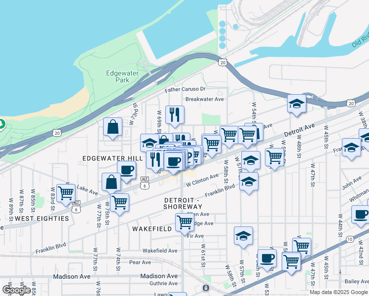 map of restaurants, bars, coffee shops, grocery stores, and more near 1345 West 65th Street in Cleveland