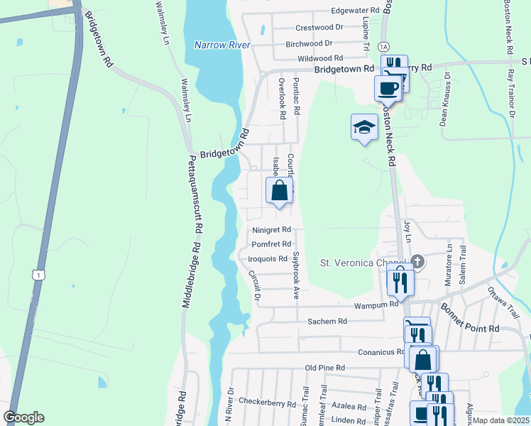 map of restaurants, bars, coffee shops, grocery stores, and more near 56 Lakeview Dr in Narragansett