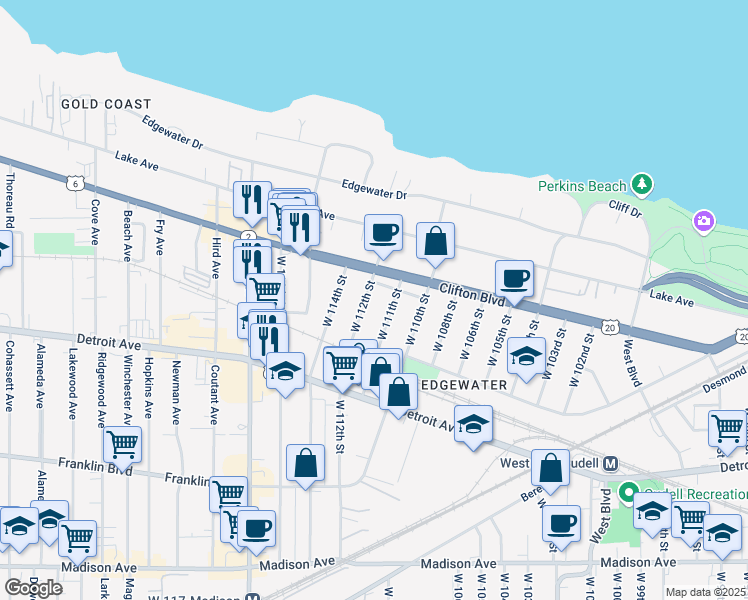 map of restaurants, bars, coffee shops, grocery stores, and more near 1283 West 112th Street in Cleveland