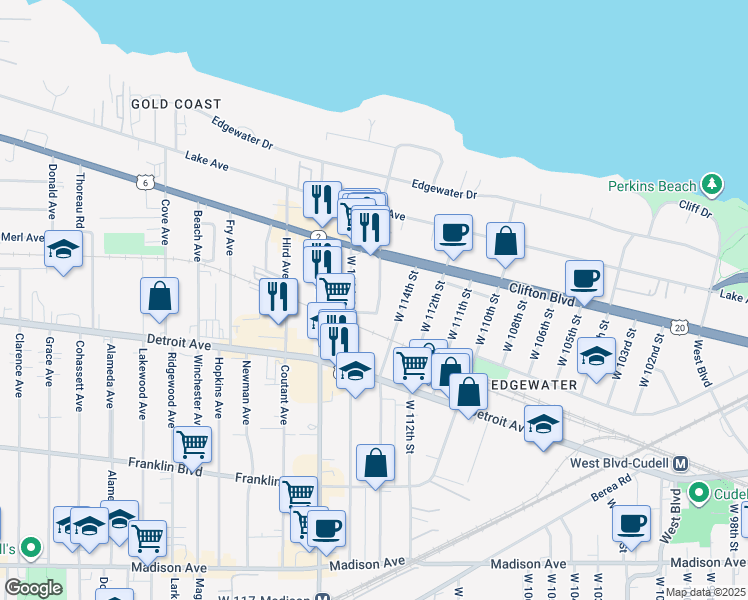 map of restaurants, bars, coffee shops, grocery stores, and more near 1314 West 115th Street in Cleveland