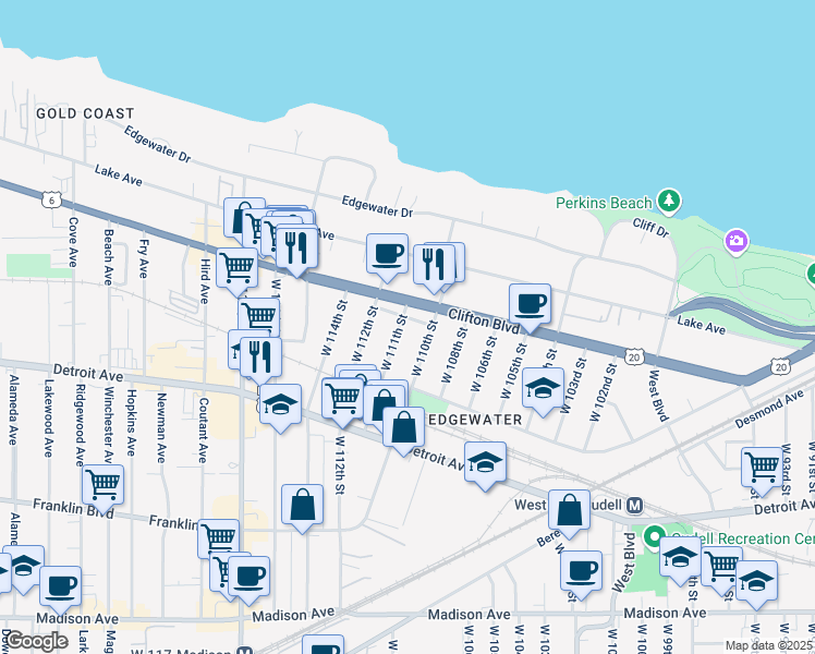 map of restaurants, bars, coffee shops, grocery stores, and more near 1273 West 111th Street in Cleveland