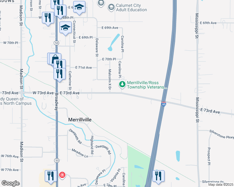 map of restaurants, bars, coffee shops, grocery stores, and more near 655 73rd Avenue in Merrillville