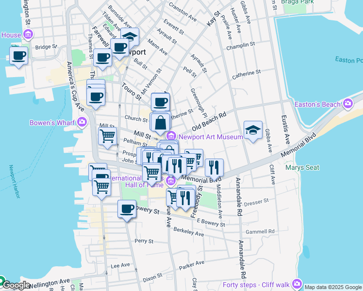 map of restaurants, bars, coffee shops, grocery stores, and more near 16 Liberty Street in Newport