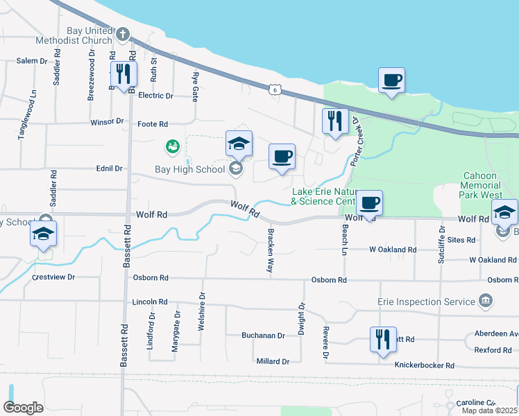 map of restaurants, bars, coffee shops, grocery stores, and more near 29120 Wolf Road in Bay Village